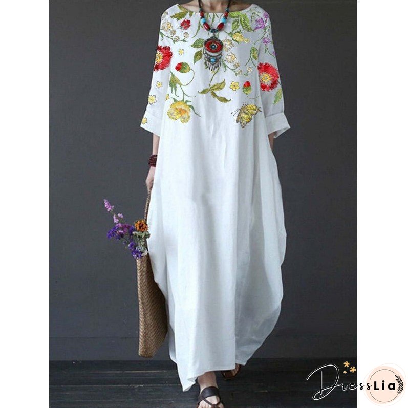 Summer Feminine Style Long Dress Round Neck Vintage Sweet Print Art Dress 3/4 Sleeve