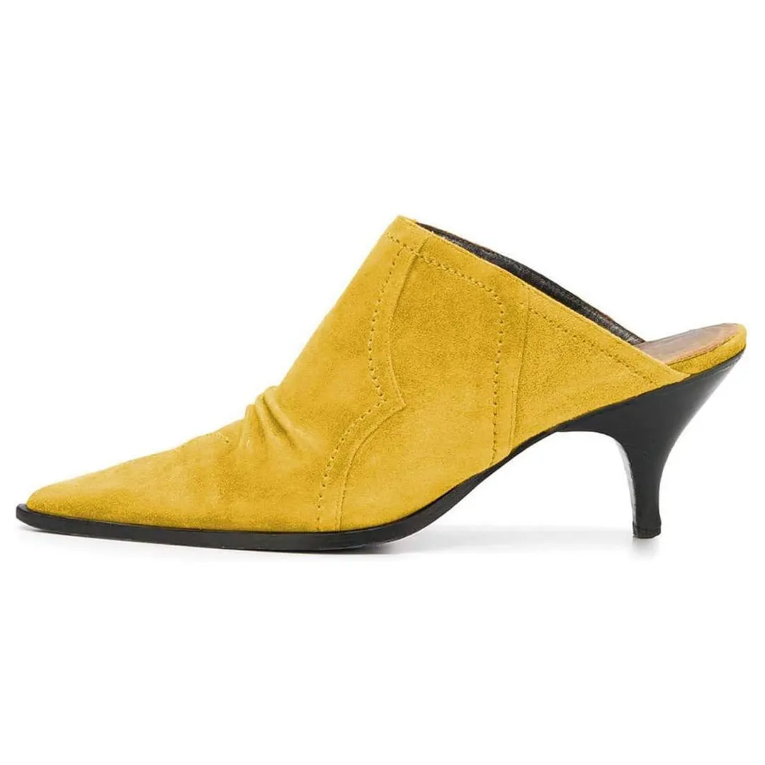 Yellow Kitten Heel Slip-On Pointed Toe Women's Mules Shoes