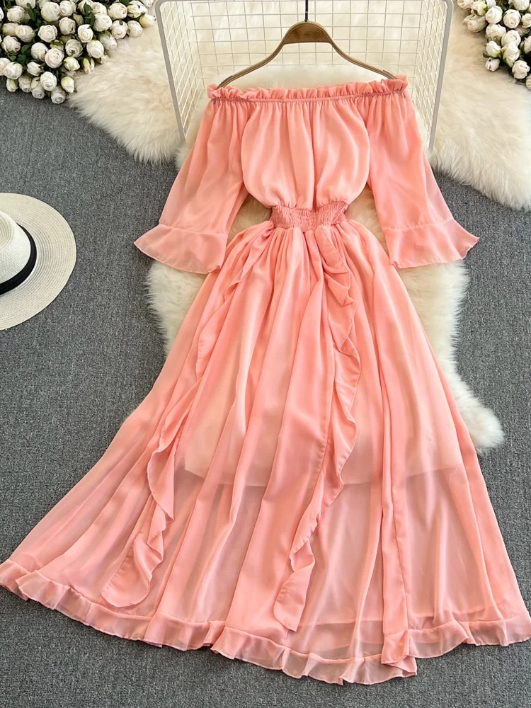 Woherb Summer Off Shoulder Chiffon Dress Women Sexy Slash Neck Ruffle A ... image.