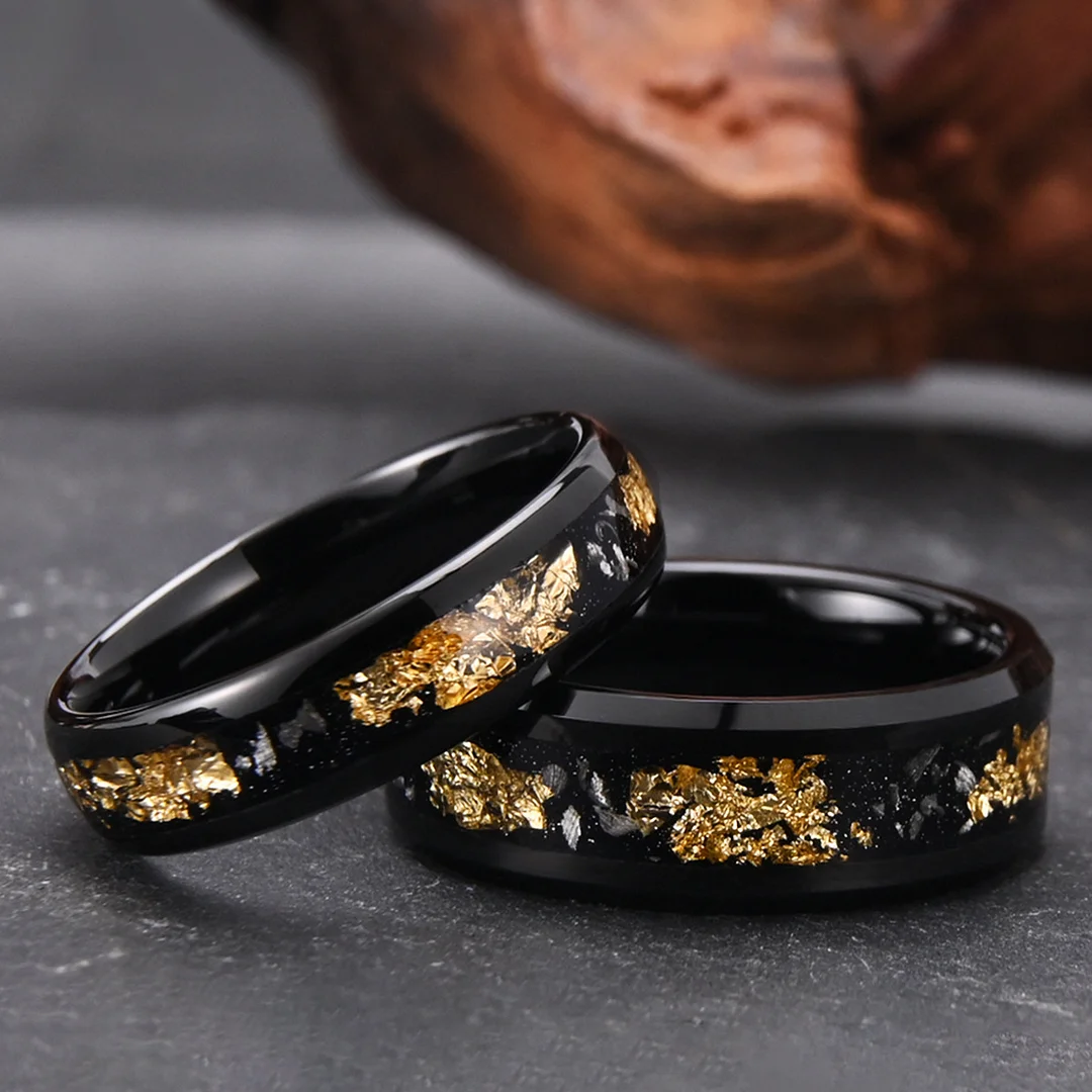 6MM 8MM Black Tungsten Carbide RingInlaid with Gold Foil Couple Rings Mens Womens Wedding Bands Comfort Fit