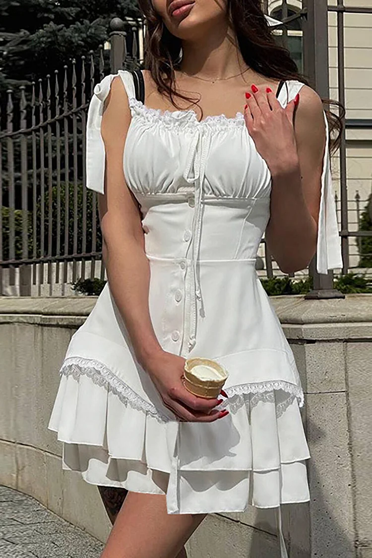 Tie Up Shoulder Straps Cinch Waist Tiered Hem Mini Dresses-White