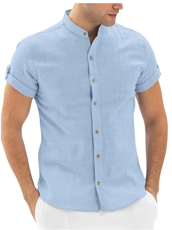 Men's Cardigan Standing Collar Short Sleeve Cotton Linen Shirt White Blue-Cosfine