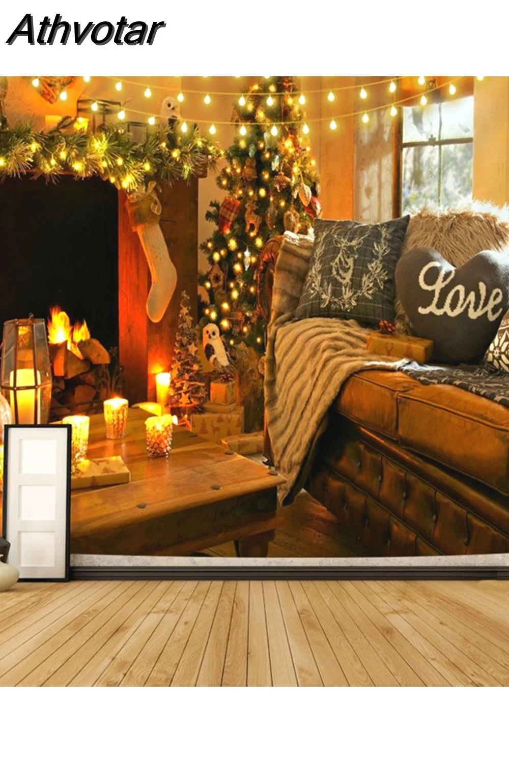 Athvotar Happy New Year Tapestry Christmas Fireplace Wall Hanging Cloth Home Background Bedroom Bedside Decorative Xmas Tree Tapiz