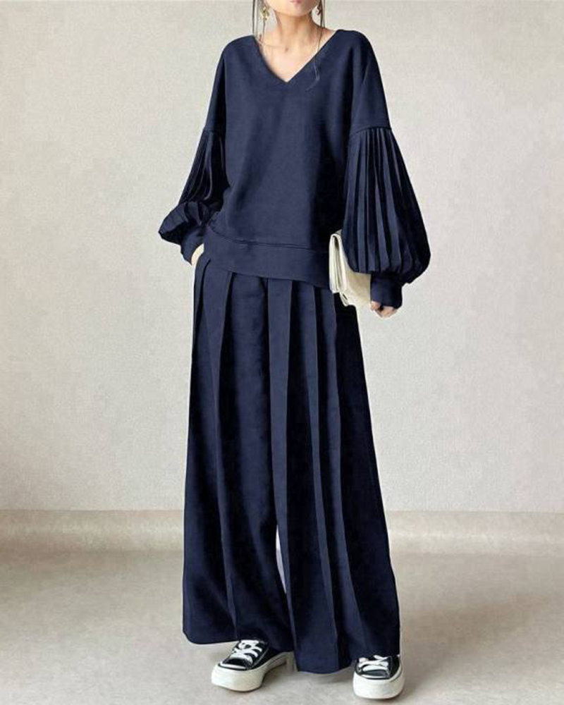 V Neck Balloon Sleeve Top & Pleated Wide Leg Pants Set