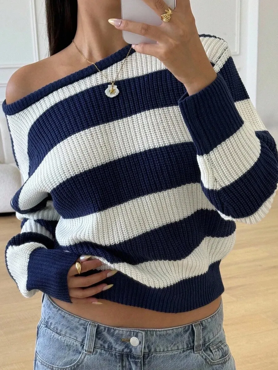 Women Off Shoulder Striped Knit Sweater
