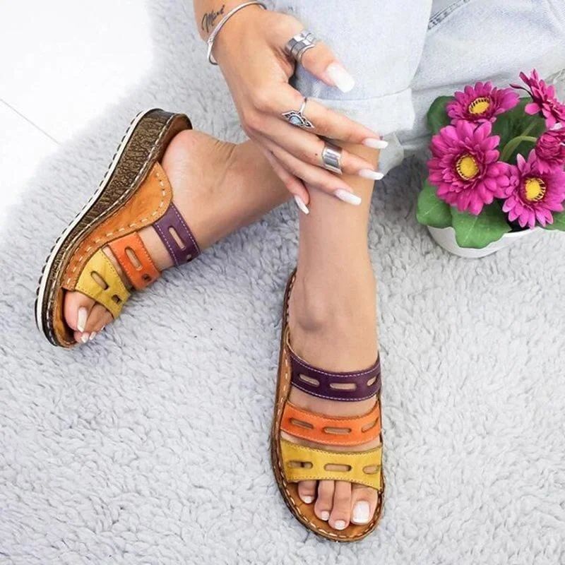 Women's Beach Slippers 2020 Summer Women Lady Retro Stitching Colorcasual Low  Beach Open Peep Toe Sandals 3 Colors Shoes Slides