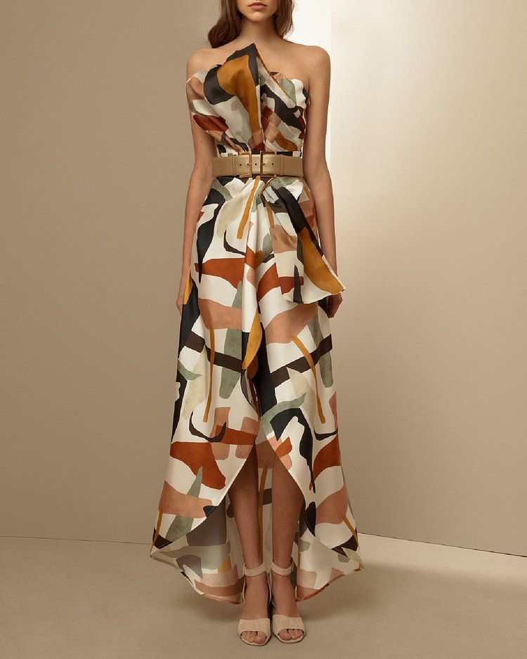 Casual Color Block Printed Strapless Maxi Dress