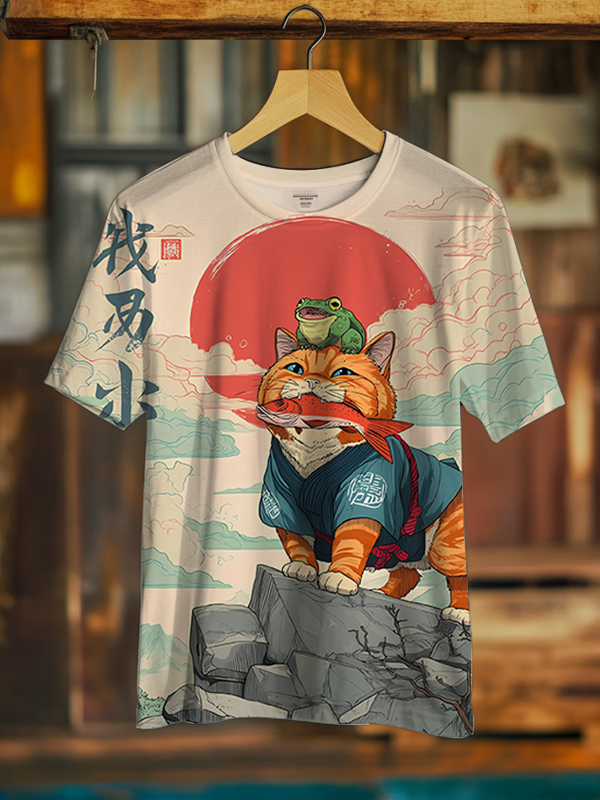 Men's Japanese Cat Eating Fish Sun Art Print T-Shirt