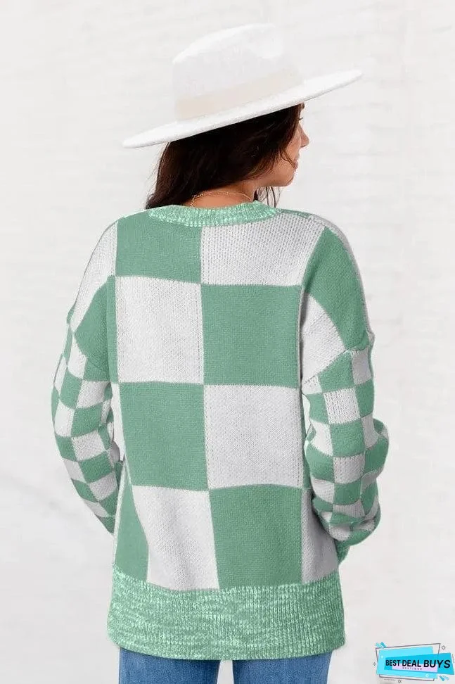 Mint Green Checkered Print Drop Shoulder Sweater