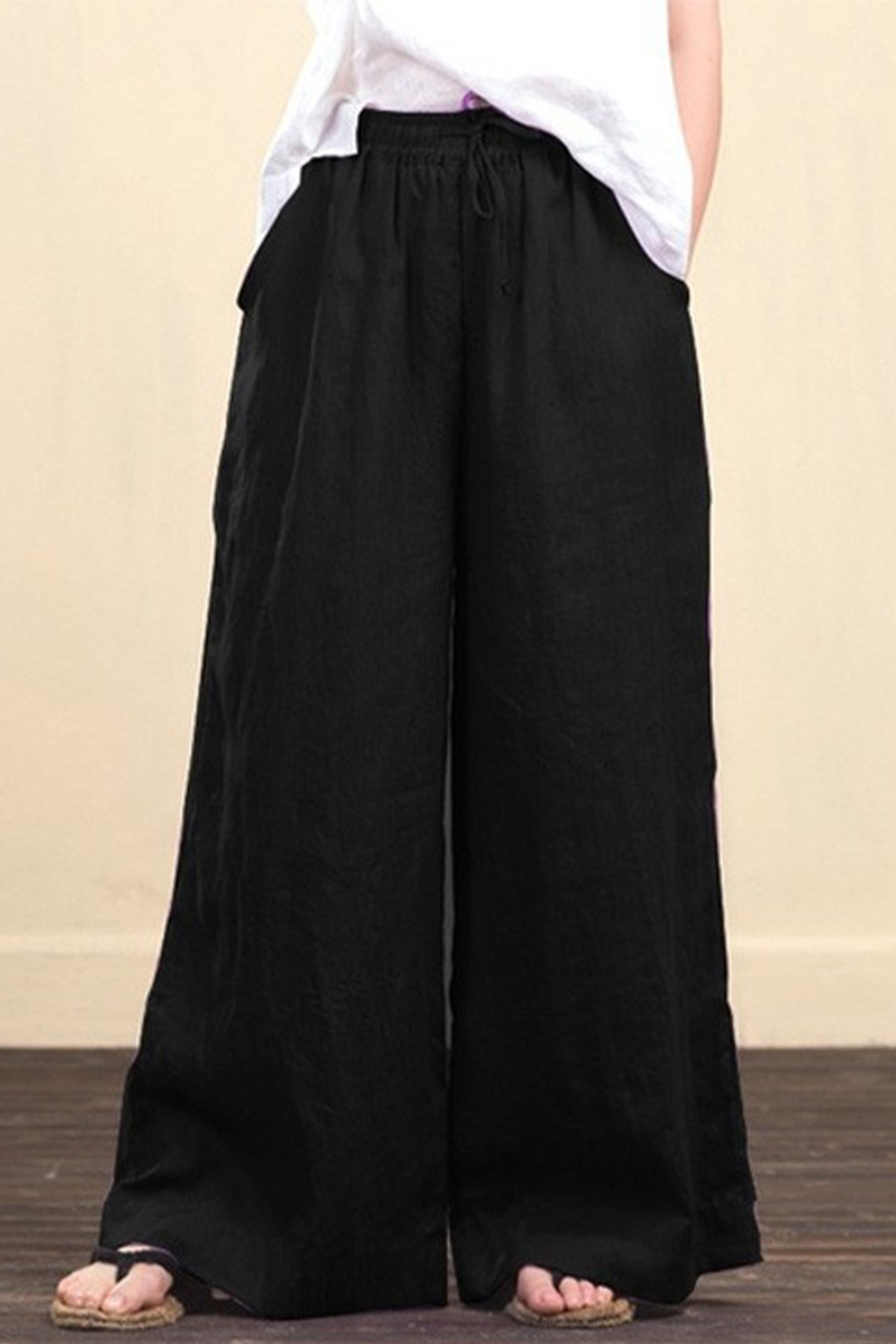 Plus Size Casual Green Cotton And Linen Drawstring Wide Leg Pants 2024 - Flycurvy 