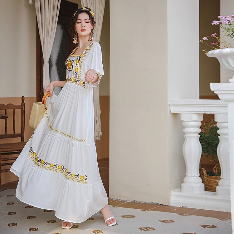 Bohemian Embroidered Short Sleeve Maxi Dress - yankia