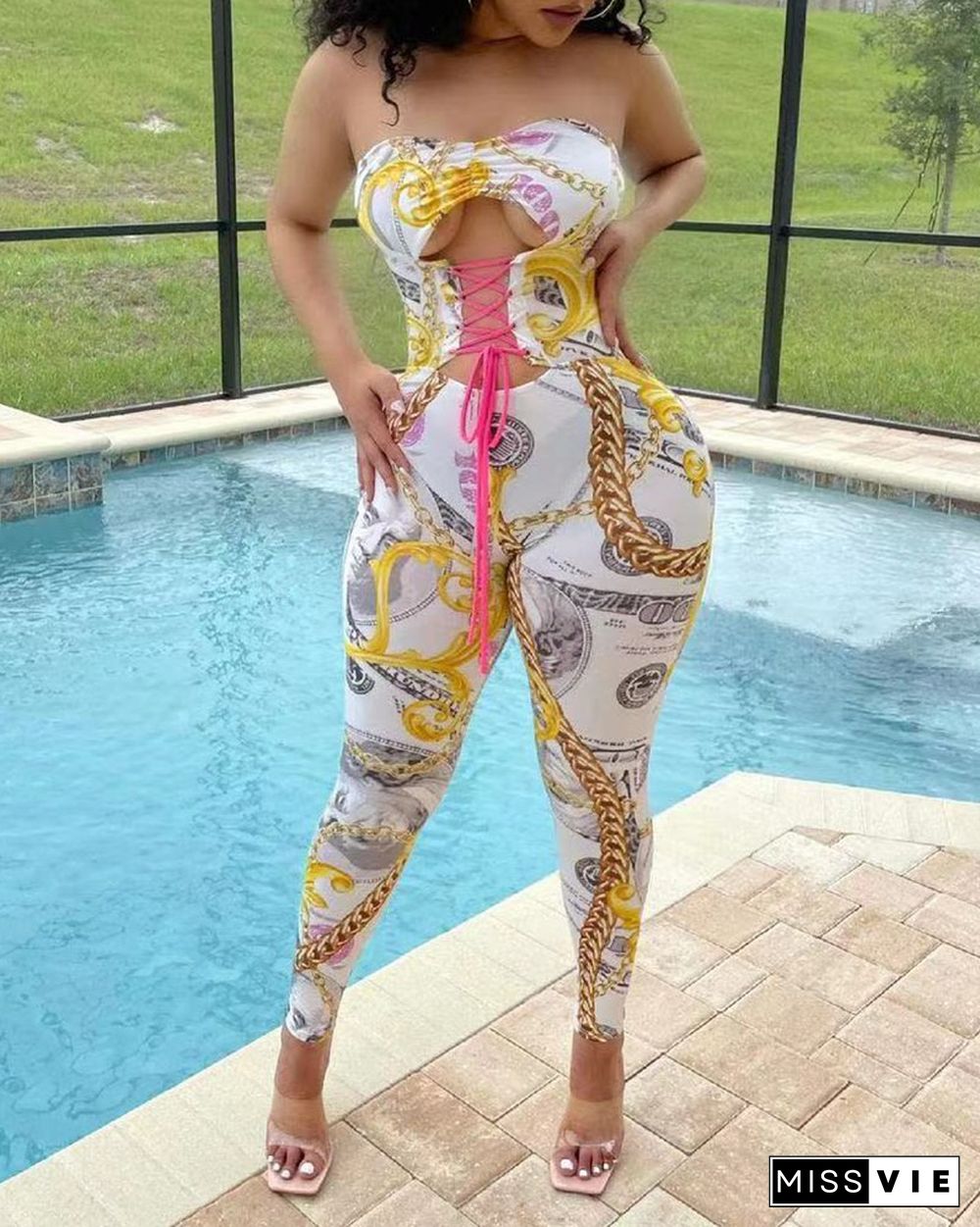 Chain Dollar Print Lace Up Bandeau Skinny Jumpsuit