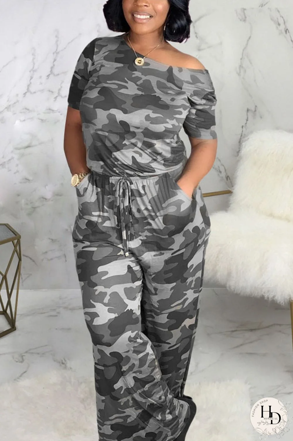 Black Fashion Sexy Camouflage nylon Short Sleeve one shoulder collar Jumpsuits