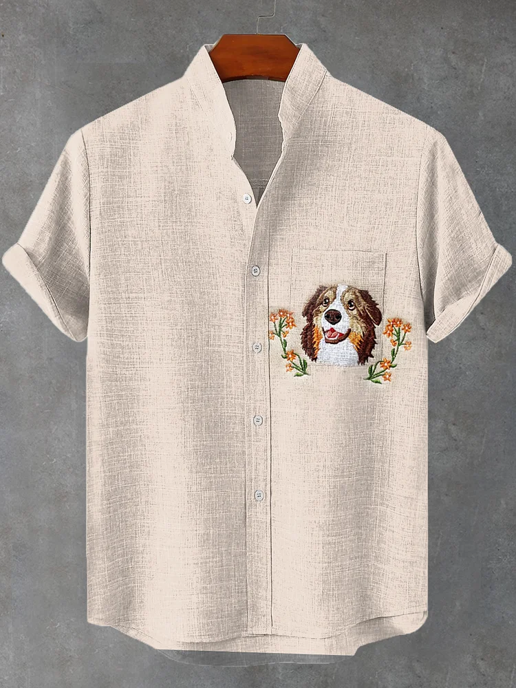 Men's Cute Boho Flower Dog Embroidery Print Pocket Linen Blend Shirt