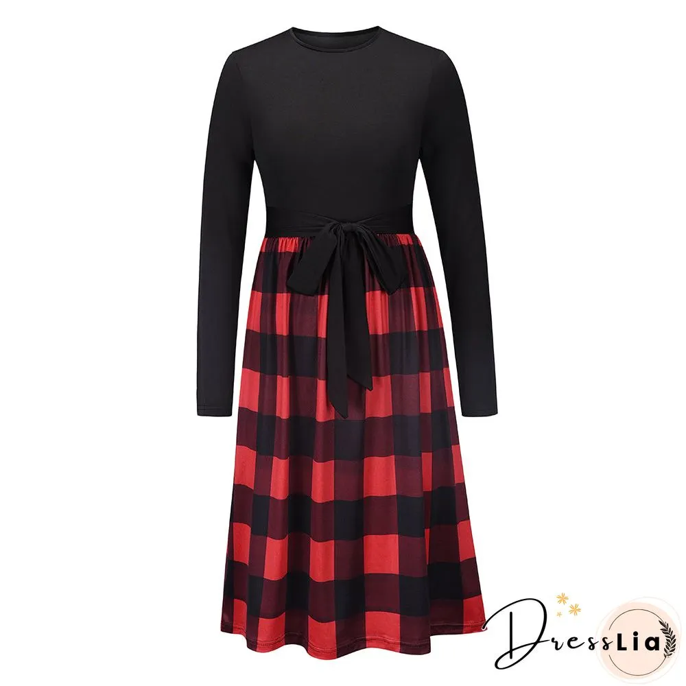 Crew Neck Long Sleeve Plaid Botton Midi Dress