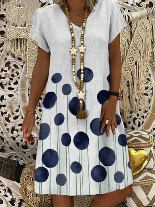 Women Short Sleeve V-Neck Polka Dot Printed Midi Dress