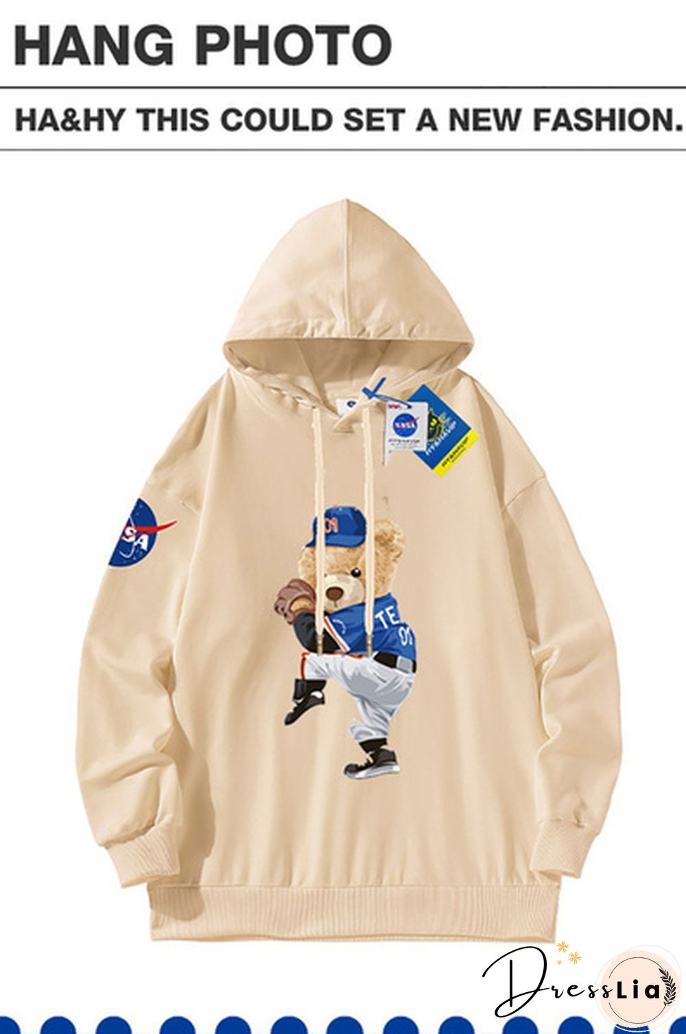 Unisex Hooded Sweater Bear Baseball Long-Sleeved Tops Nasa Tide Brand Pullovers Sweatshirts