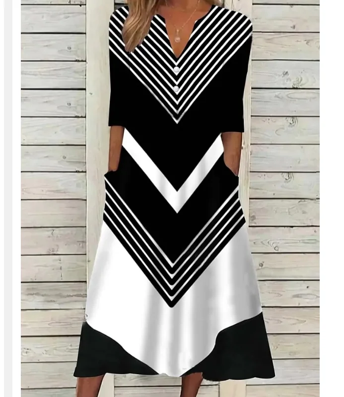 Women's A Line White Stripe Half Sleeve Print V Neck Fashion Casual Midi Dress