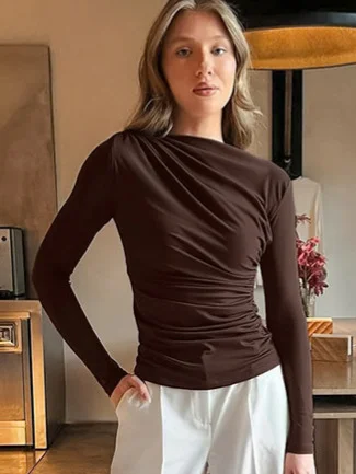 Sdrawing Sdrawing Autumn New Fold Design Sense Of Small To Close The Waist Hottie Style Long-Sleeved Bottom Shirt Woman