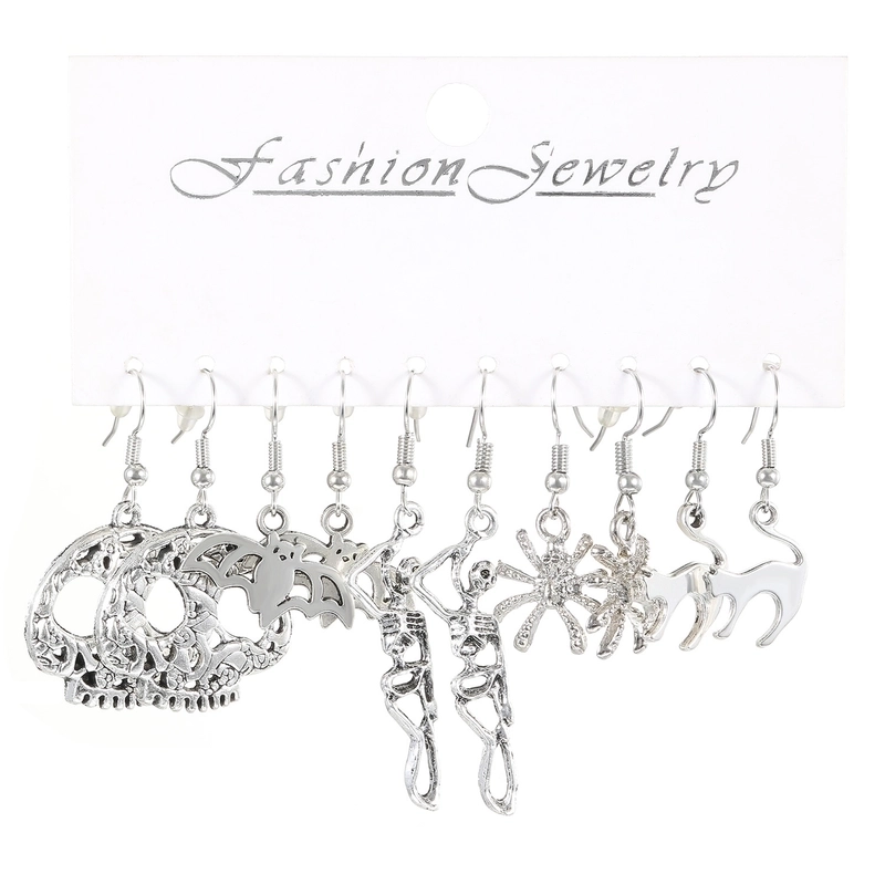 1 Set Gothic Vintage Style Funny Pumpkin Spider Skull Alloy Silver Plated Drop Earrings