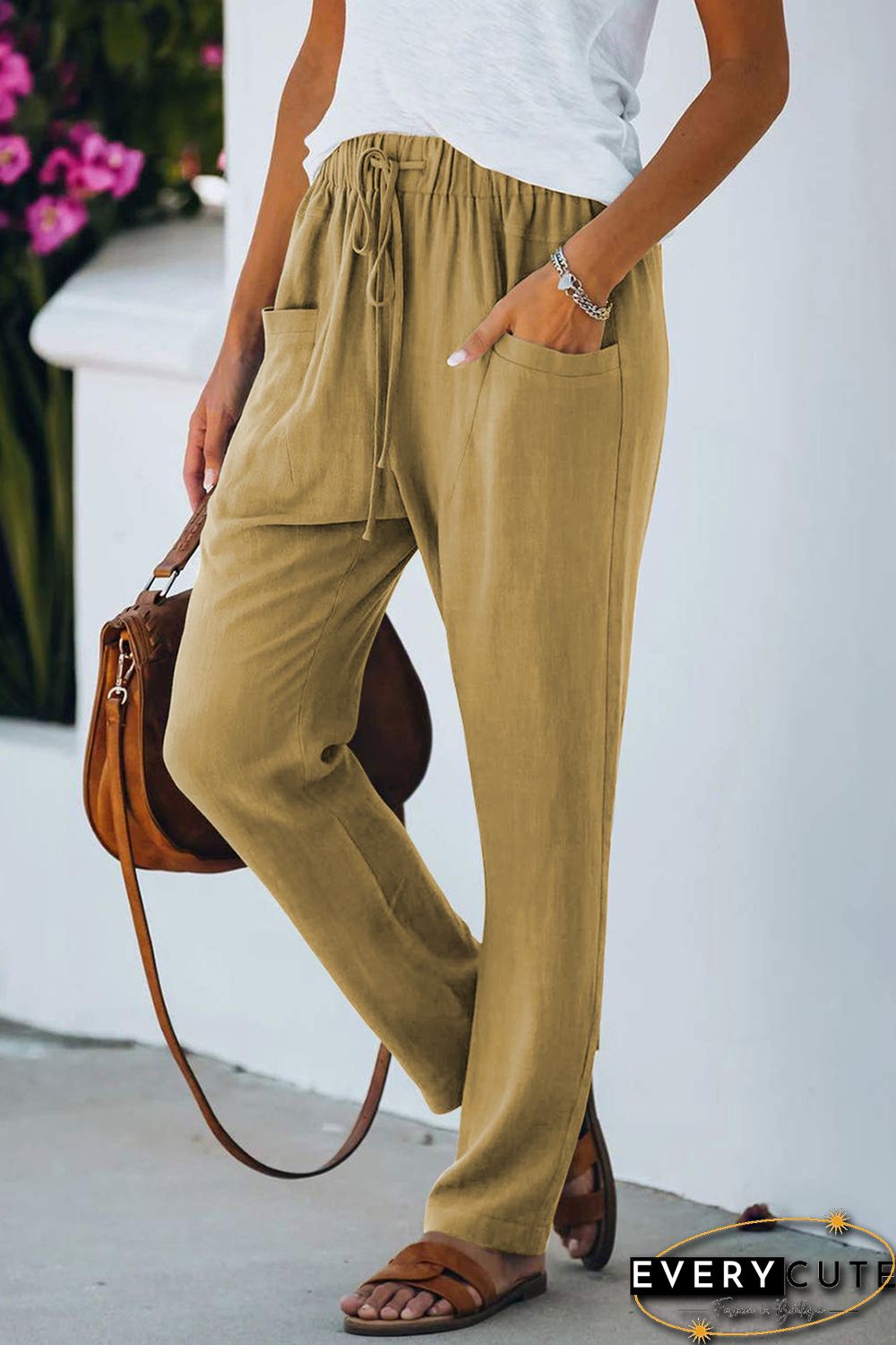 Khaki Casual Drawstring Elastic Waist Pants with Pockets