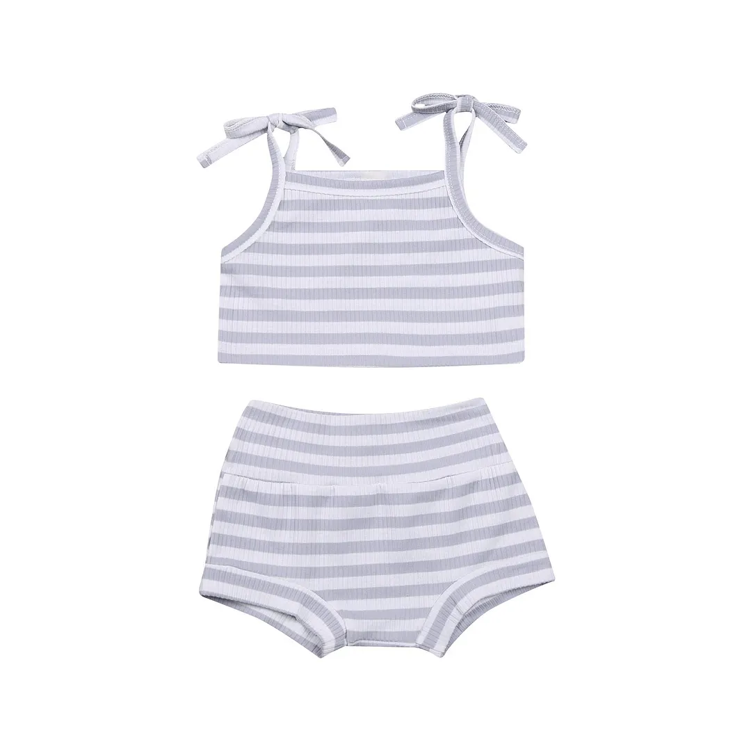 2021 Baby Summer Clothing 2Pcs Toddler Outfits Stripes/Solid Lacing Shoulder Strap Tank Tops Elastic Waist Shorts for Baby Girl