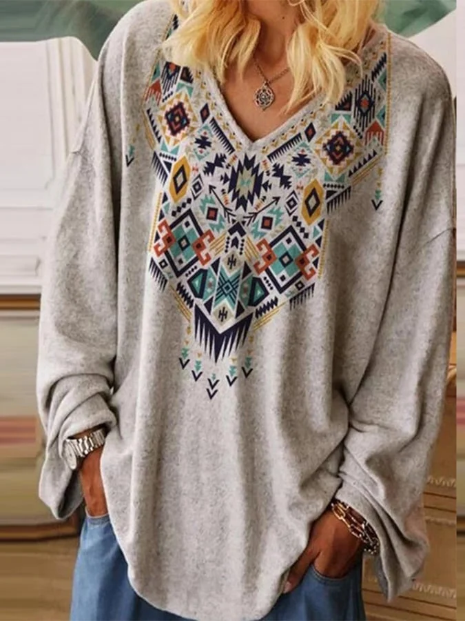 Women'S Retro Printed Loose V-Neck T-Shirt