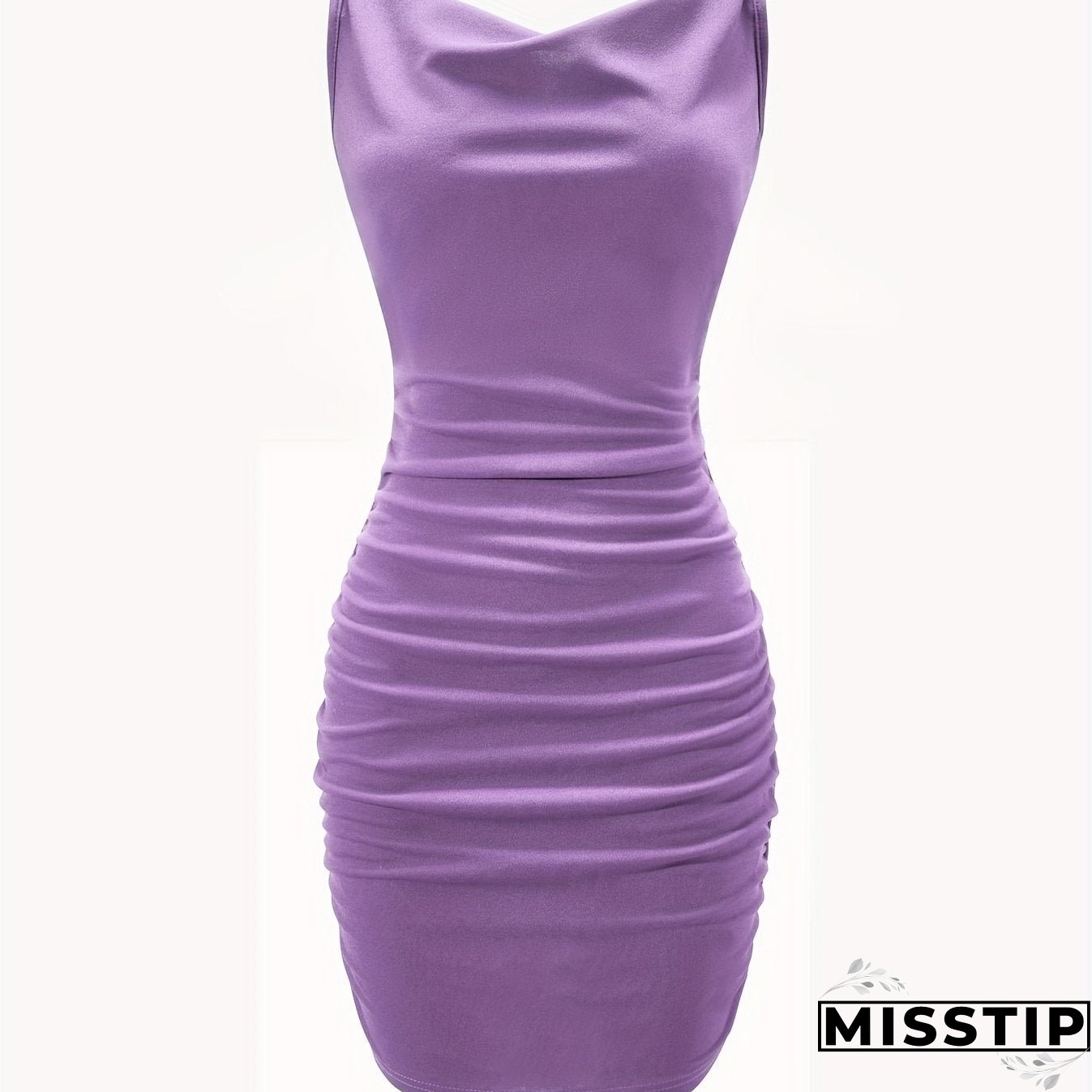 Solid Cowl Neck Mini Dress, Ruched Side Body Con Cami Dress , Women's Clothings