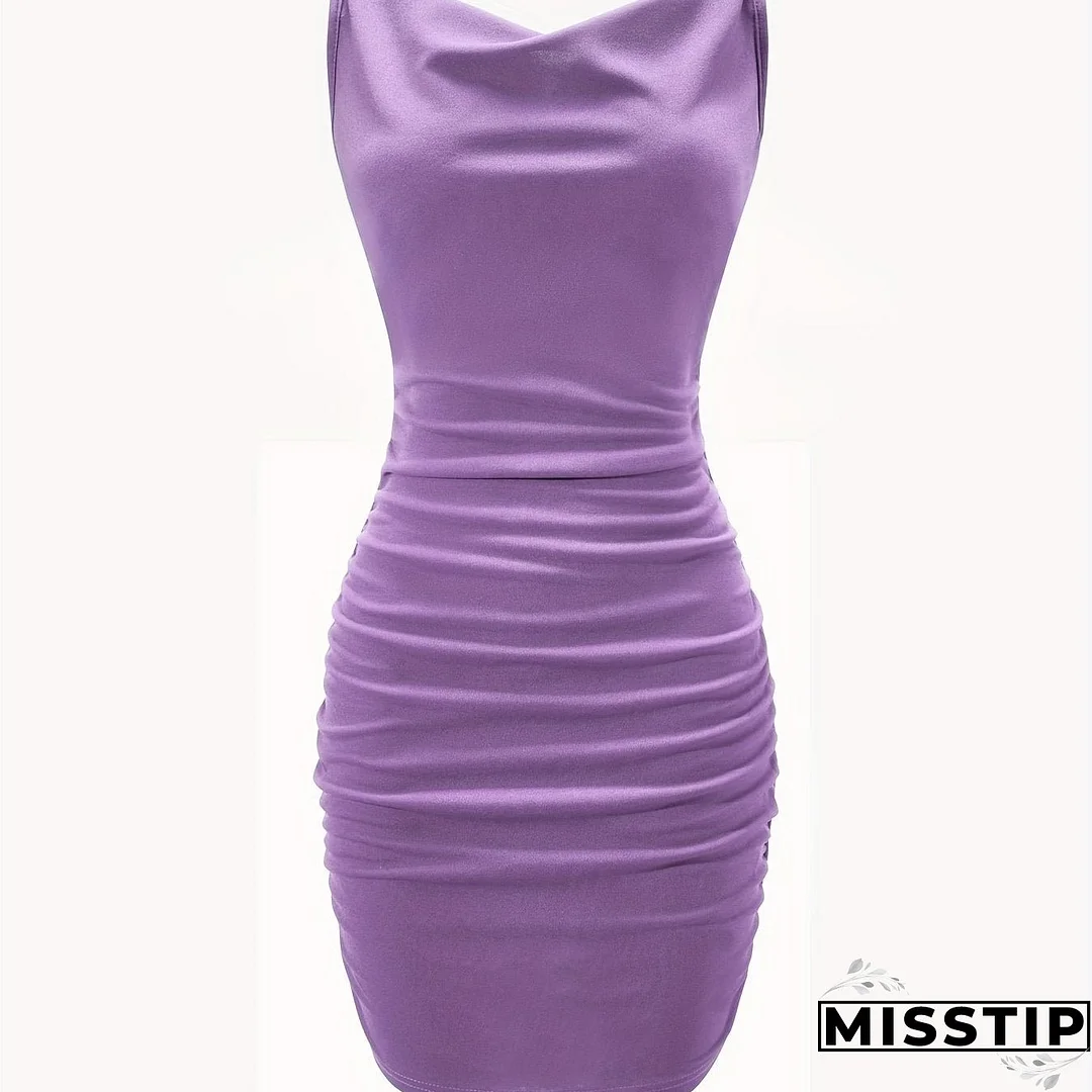 Solid Cowl Neck Mini Dress, Ruched Side Body Con Cami Dress , Women's Clothings