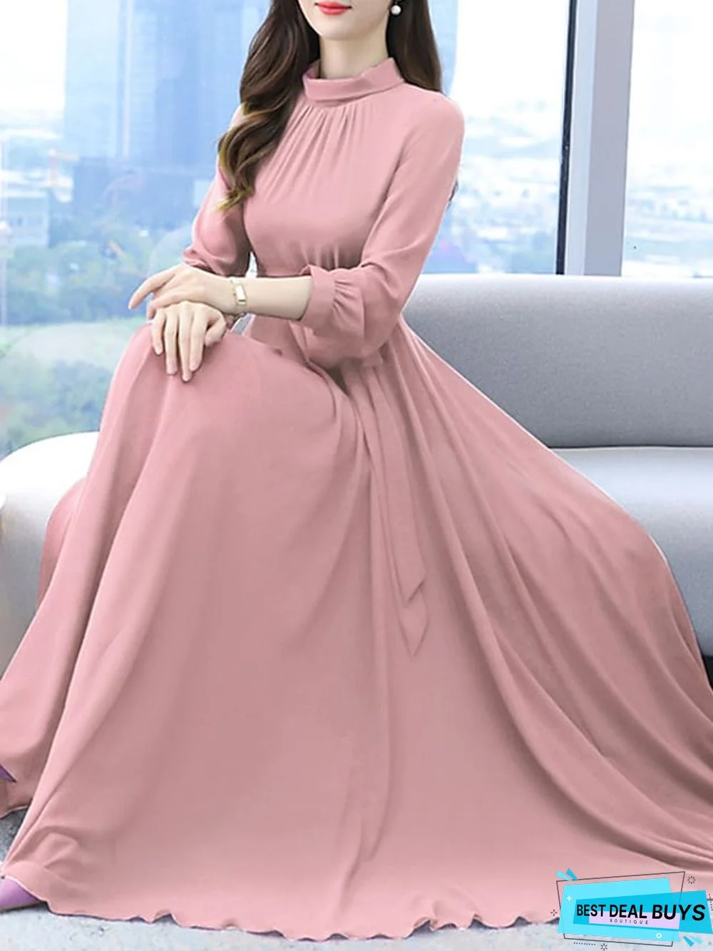Women‘s Formal Party Dress Swing Dress Long Dress Maxi Dress Green Black Purple Long Sleeve Pure Color Lace up Winter Fall Autumn Stand Collar Winter Dress Fall Dress S M L XL XXL 3XL 4XL