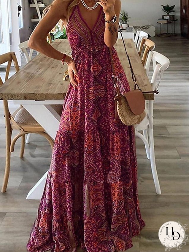 Casual Dress Tank Dress Summer Dress Graphic Pleated Print V Neck Long Dress Maxi Dress Tropical Streetwear Outdoor Holiday Sleeveless Regular Fit Pink Wine Red Summer S M L XL 2XL for Women