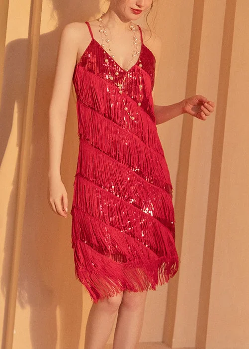 Stylish Sexy Red Tasseled Sequins Patchwork Spaghetti Strap Dress Sleeveless