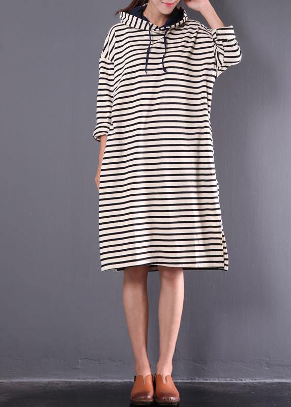 VCSHOES hooded drawstring linen spring dresses Ideas black striped Dresses
