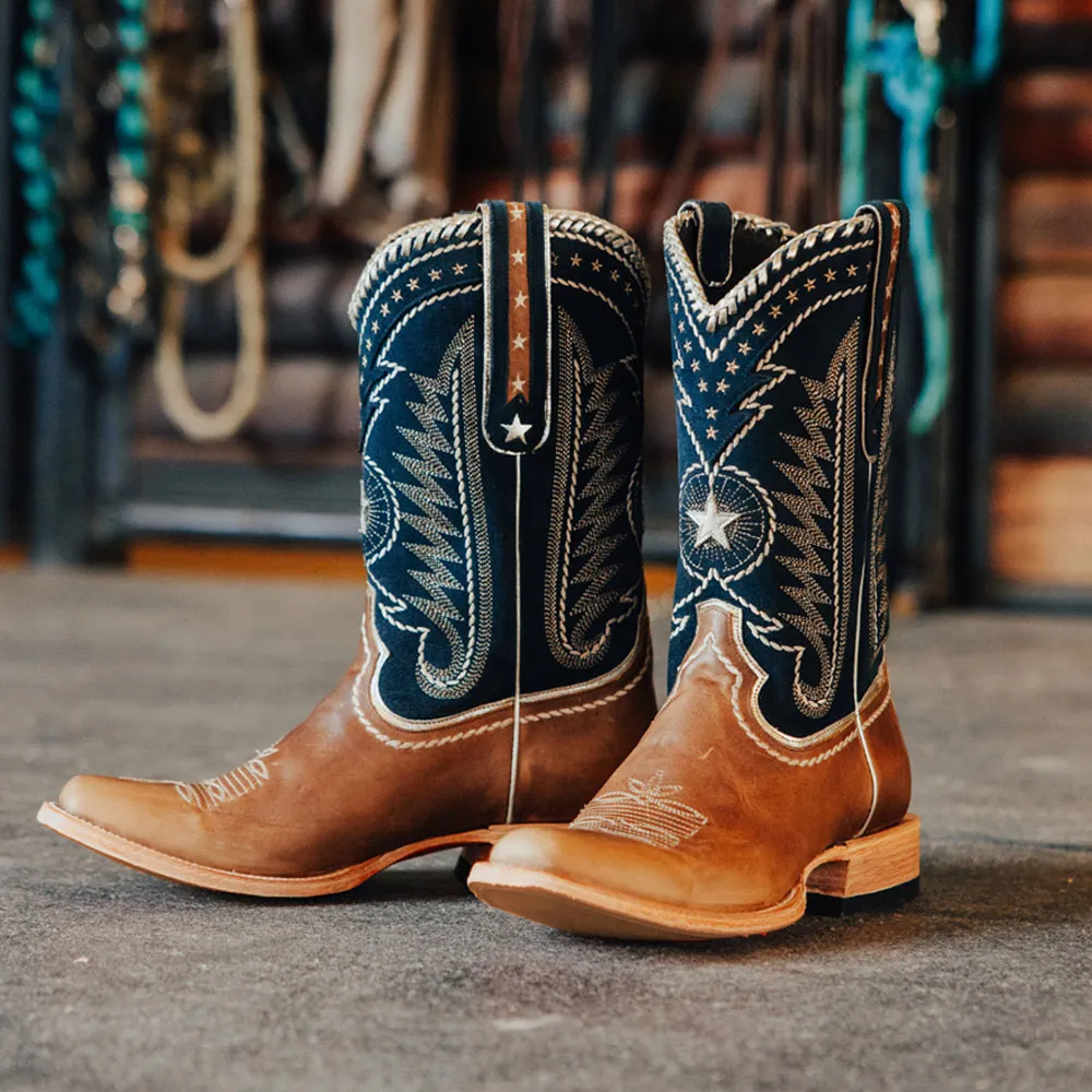 Brown & Navy Square Toe Stars Embroidered Cowgirl Mid-Calf Boots