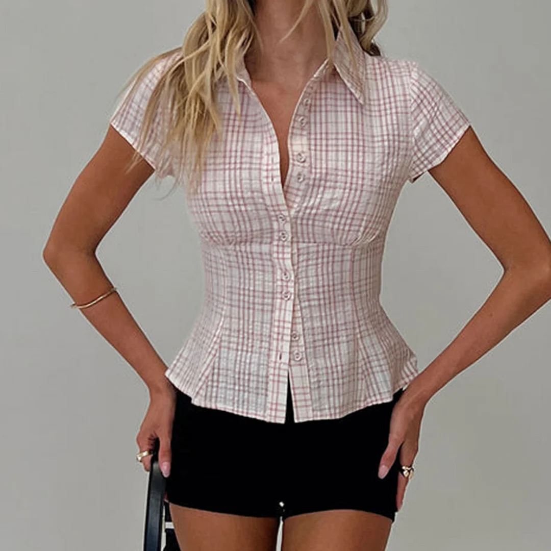 Women's Y2K Short Sleeve Plaid Button Down Shirt Button Down Blouses Tops