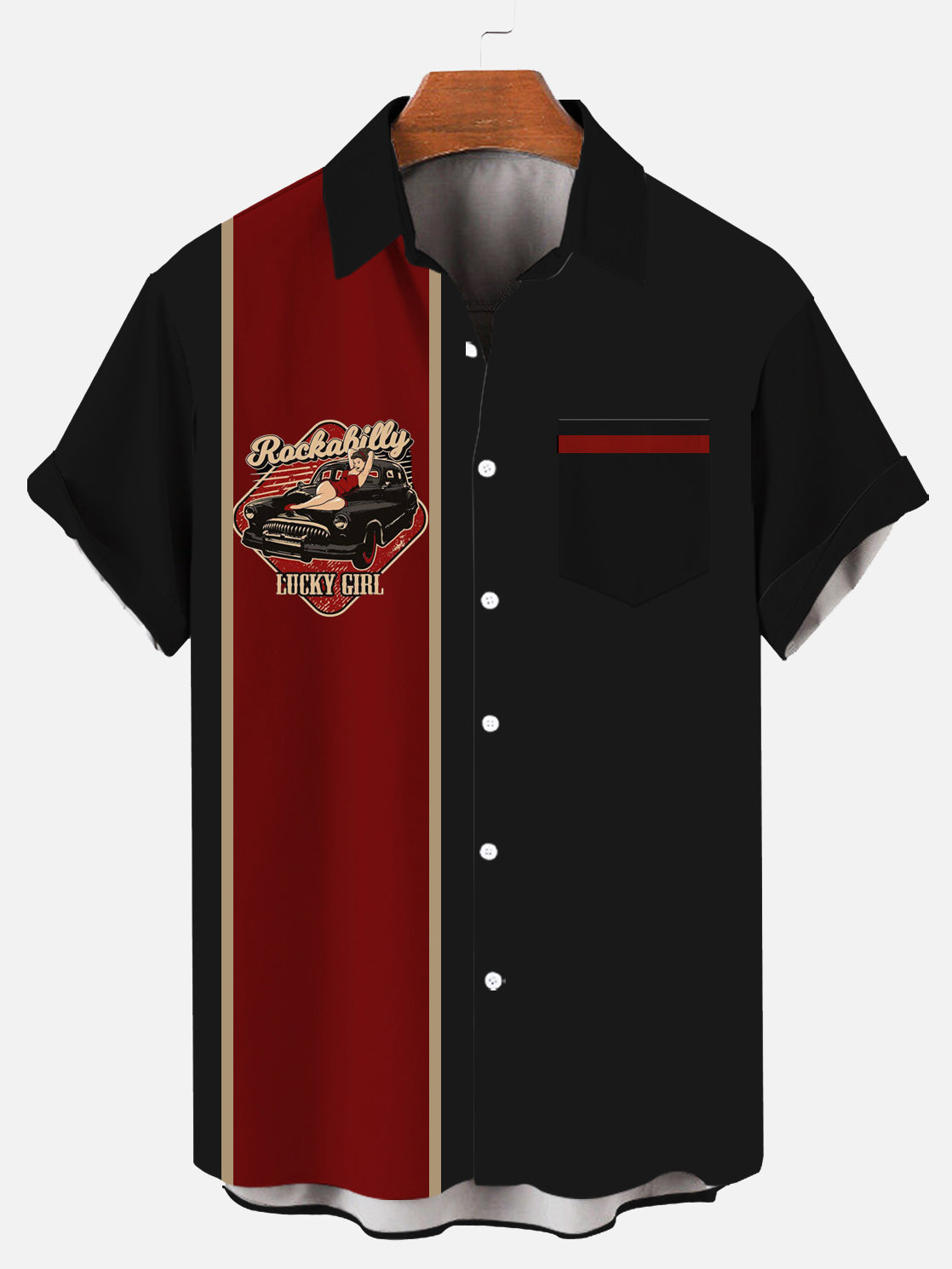 XLTRetro Car Red And Black Striped Creative Stitching Shirt PLUSCLOTHESMAN