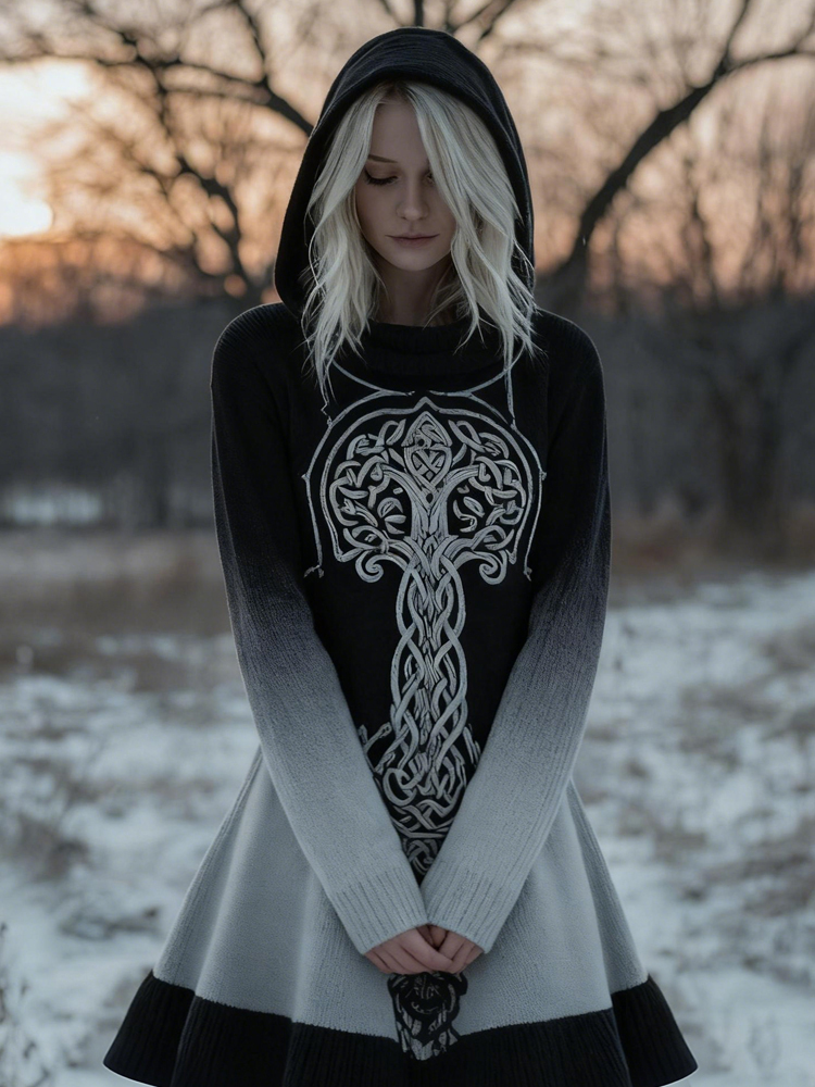 Viking Tree Of Life Gradient Cozy Knit Sweater Dress elevenforest