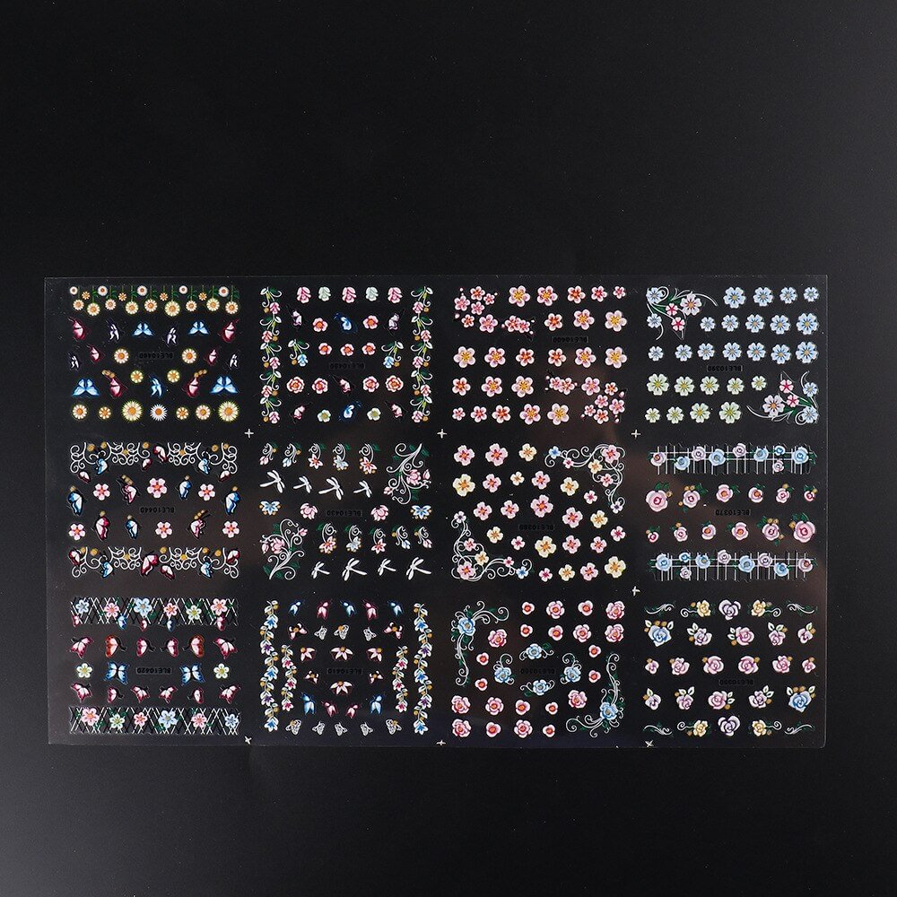 12 Sheet/Set Nail Stickers Back Glue Flowers Butterfly Designs Nail Decal Decoration Tips For Beauty Salons