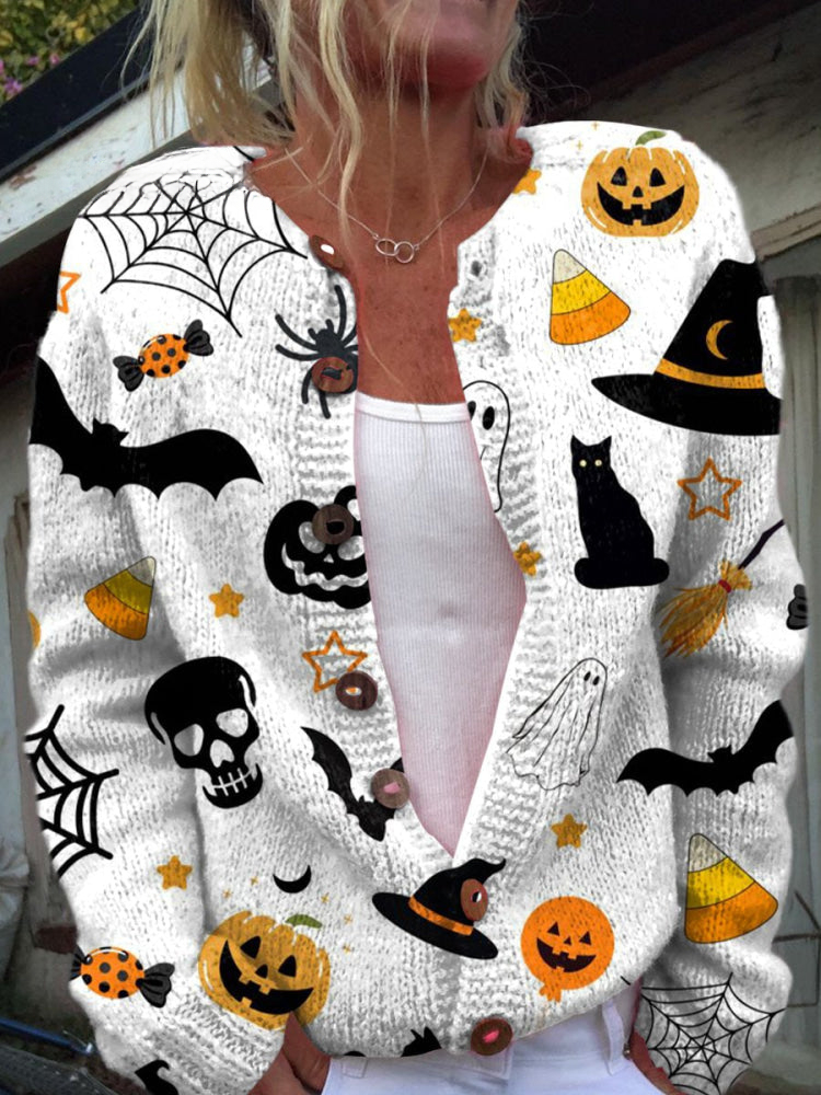 Halloween Bat Pumpkin Print Buttoned Cardigan Sweater