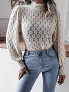 Stand Collar Puff Sleeves Lace Solid Color Fashion T-Shirt Top