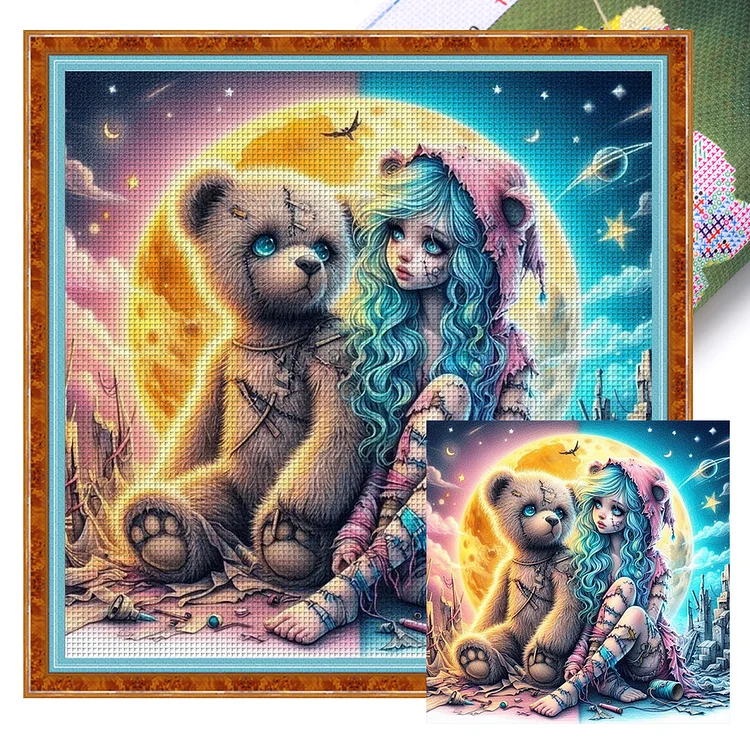 Blue-Haired Girl And Stuffed Bear (50*50cm) 11CT Stamped Cross Stitch gbfke