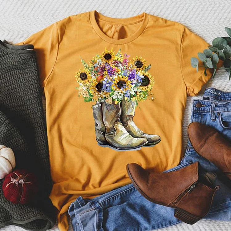 Sunflower Boots Round Neck T-shirt-018324