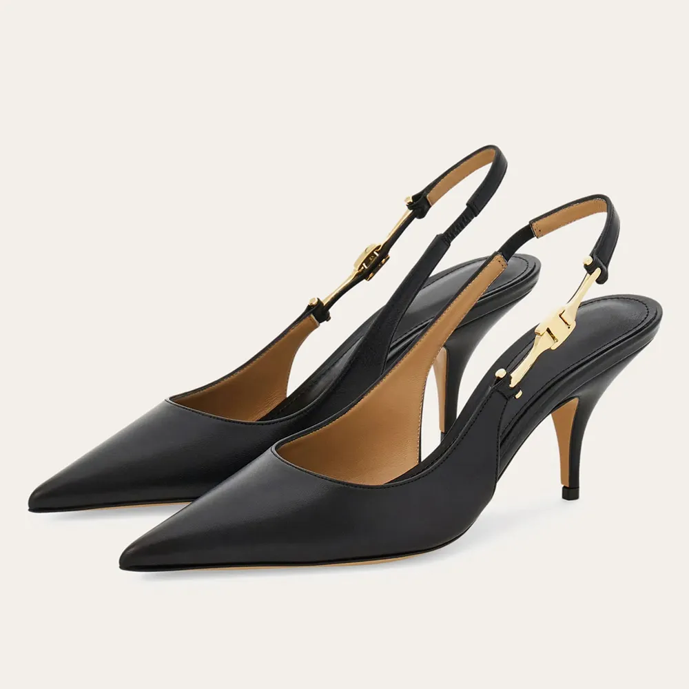 She Pumps Elegant Pointed Toe Cone Heel Buckled Slingback Black Pumps for Women