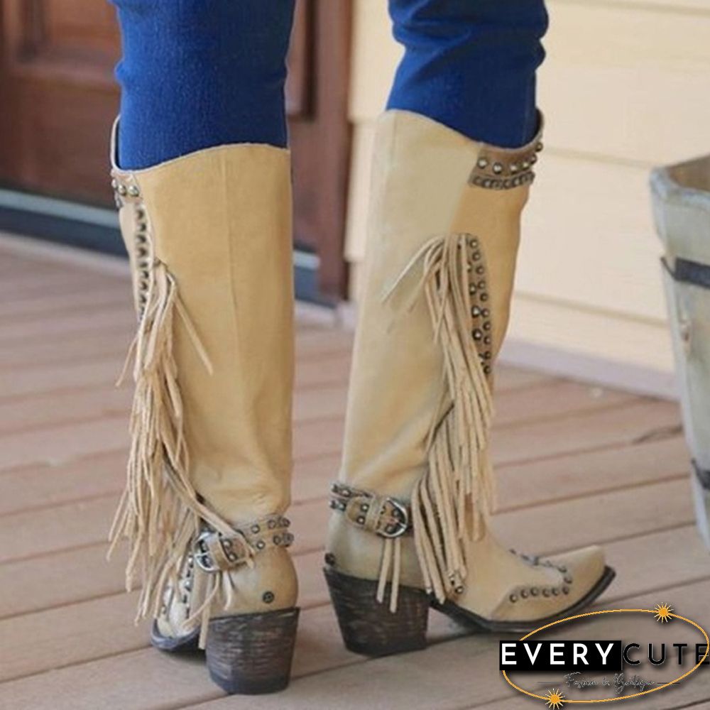 Womens Knee High Boots Leather Riding Boots Medieval Western Cowgirl Boots Tall Boots Autumn Winter Warm Pointed Toe Flat Martin Boots Fashion Ladies Chunky Heel Ankle Boots Shoes