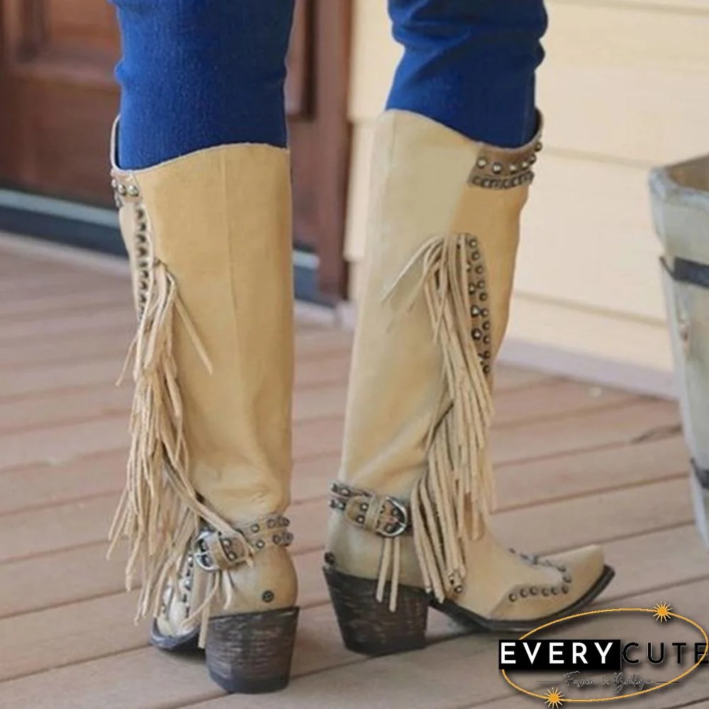 Womens Knee High Boots Leather Riding Boots Medieval Western Cowgirl Boots Tall Boots Autumn Winter Warm Pointed Toe Flat Martin Boots Fashion Ladies Chunky Heel Ankle Boots Shoes