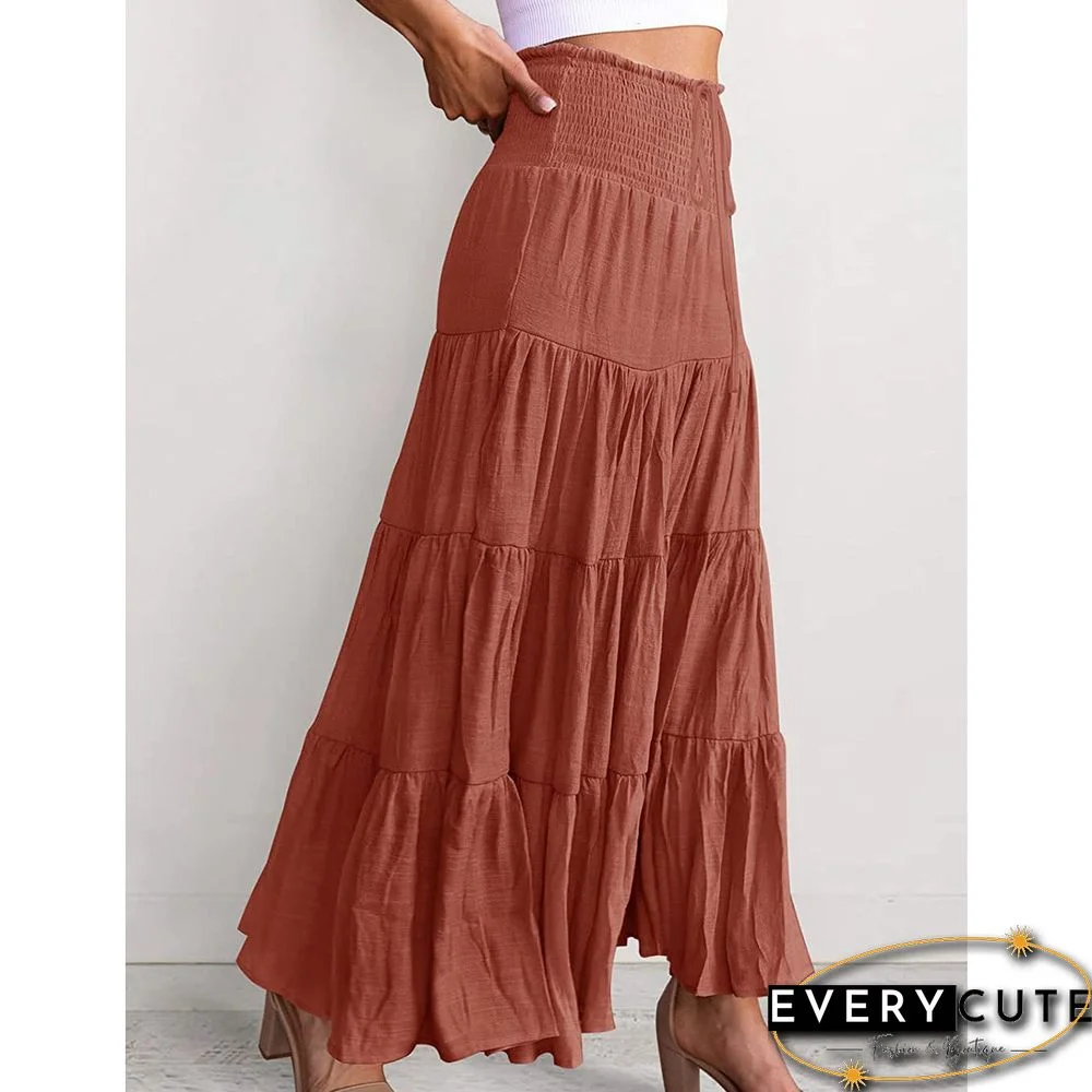 Rust Red Bohemia Pleated High Waist Maxi Skirt