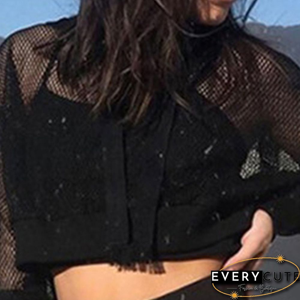 Women's Fashion Hoodie Sweatshirt Sports Pullover Mesh Crop Tops