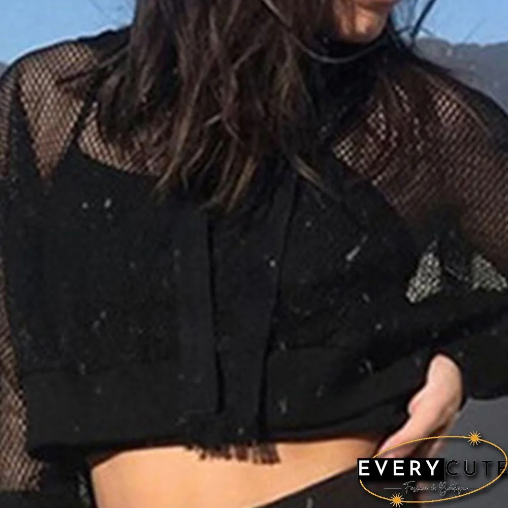 Women's Fashion Hoodie Sweatshirt Sports Pullover Mesh Crop Tops