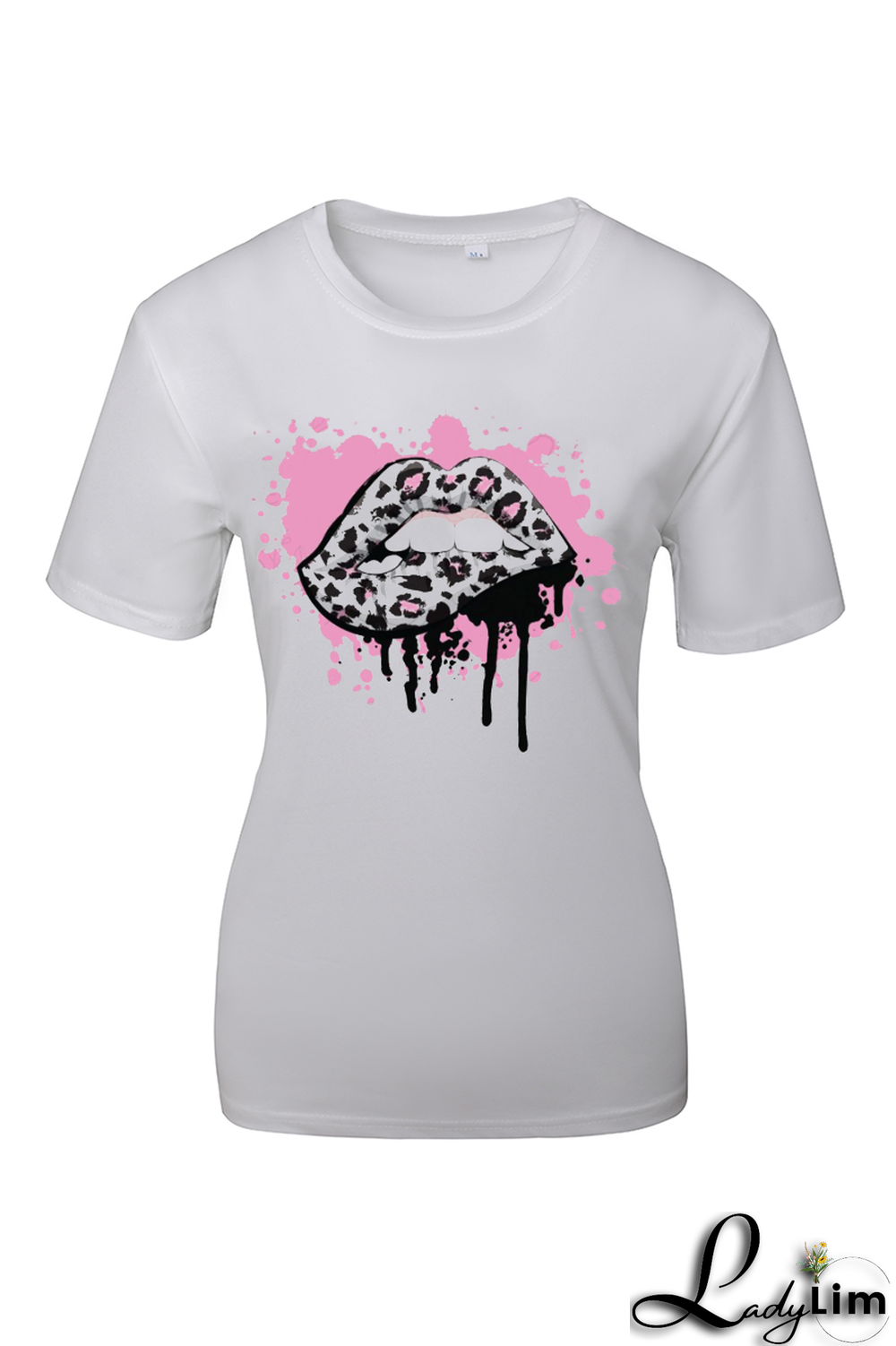 Black Fashion Street Lips Printed Split Joint O Neck T-Shirts