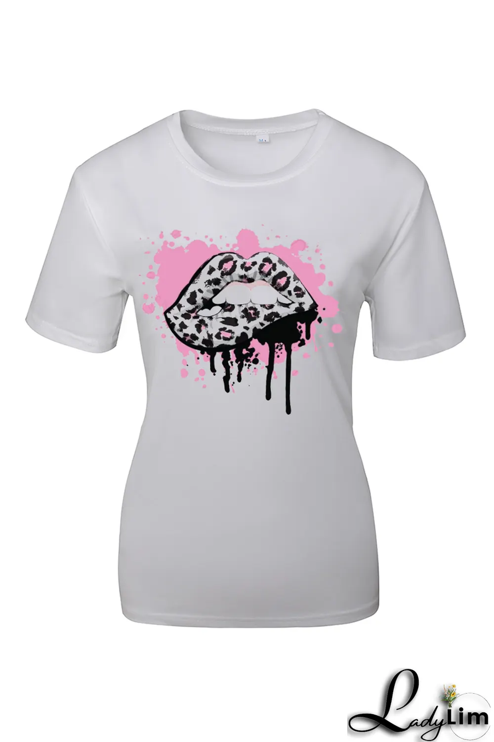 Black Fashion Street Lips Printed Split Joint O Neck T-Shirts